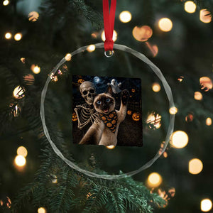 Funny Skeleton Selfie Siamese Cat Crystal Glass Ornament Halloween Spooky Cat Lover Gift
