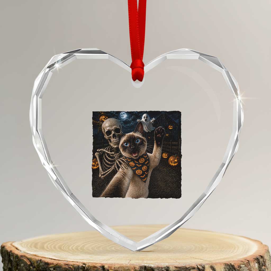 Funny Skeleton Selfie Siamese Cat Heart Crystal Glass Ornament Halloween Spooky Cat Lover Gift TS12 Transparent Glass 3'' Heart Print Your Wear