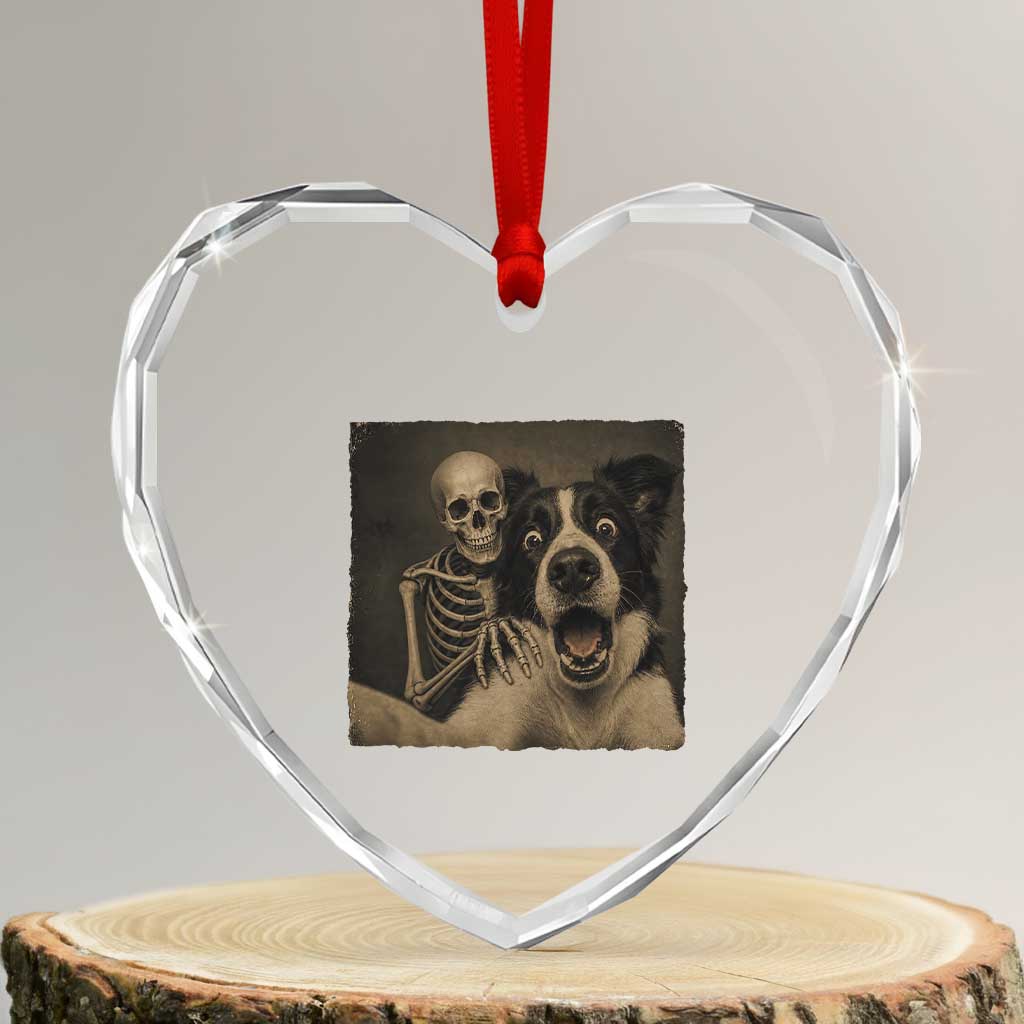 Funny Skeleton Selfie With Border Collie Heart Crystal Glass Ornament Halloween Spooky Dog Lover Gift TS12 Transparent Glass 3'' Heart Print Your Wear