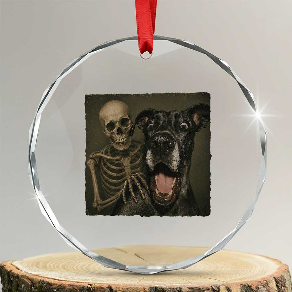 Funny Skeleton Selfie With Great Dane Crystal Glass Ornament Halloween Spooky Dog Lover Gift