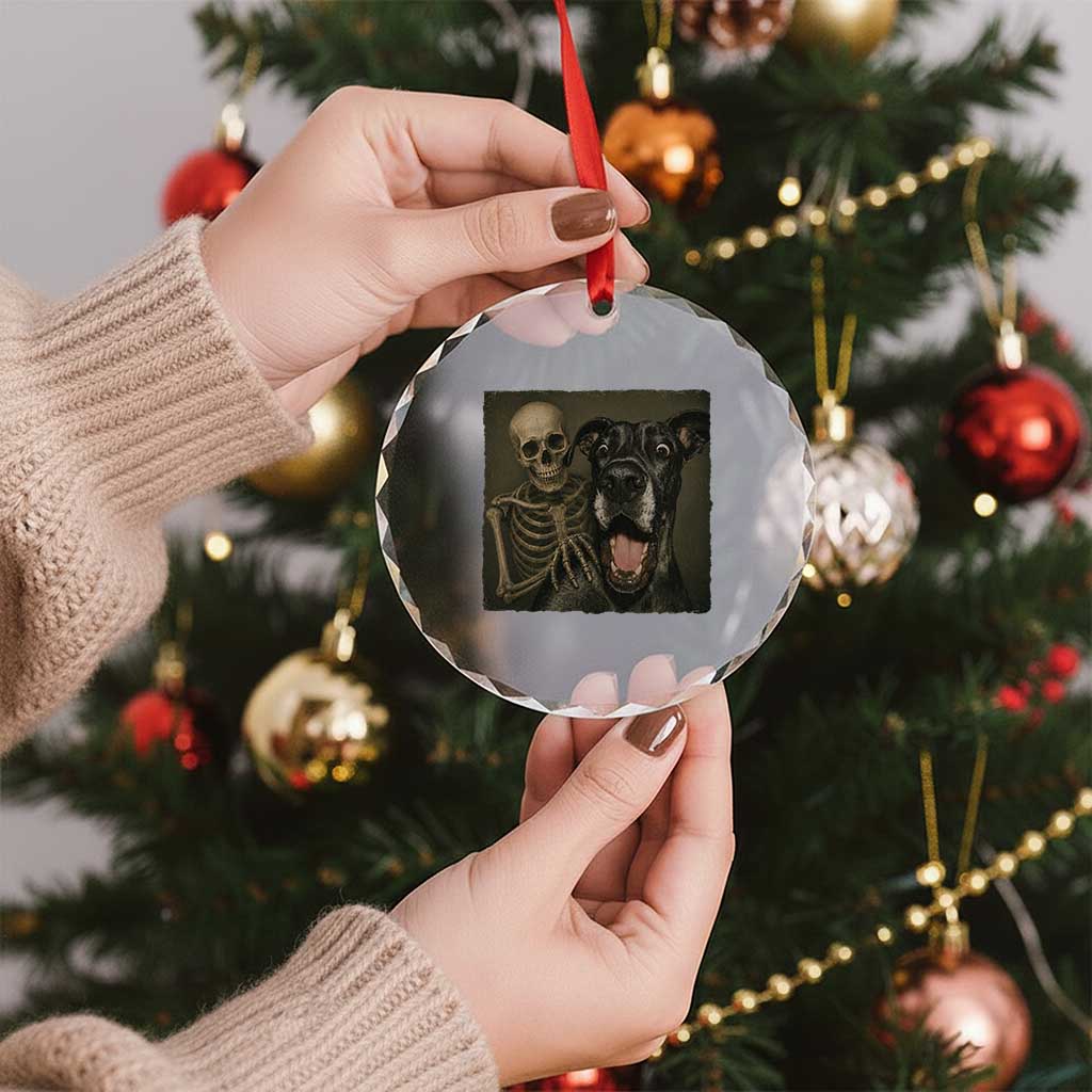 Funny Skeleton Selfie With Great Dane Crystal Glass Ornament Halloween Spooky Dog Lover Gift