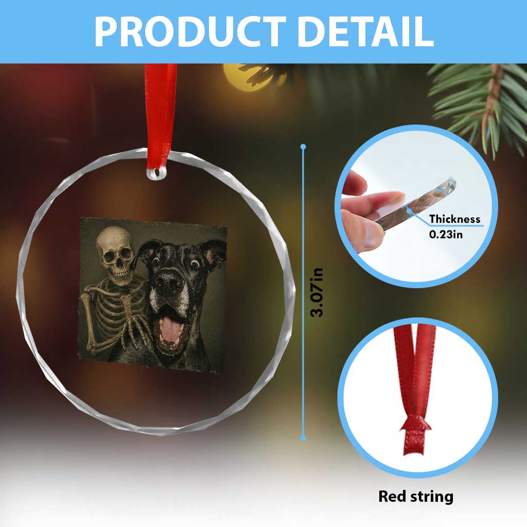 Funny Skeleton Selfie With Great Dane Crystal Glass Ornament Halloween Spooky Dog Lover Gift