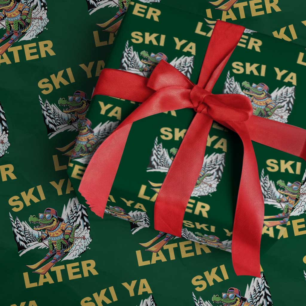 Funny Skiing Alligator Wrapping Paper Roll Ski Ya Later Skier Snow Mountain Winter Sport TS11 Green Print Your Wear