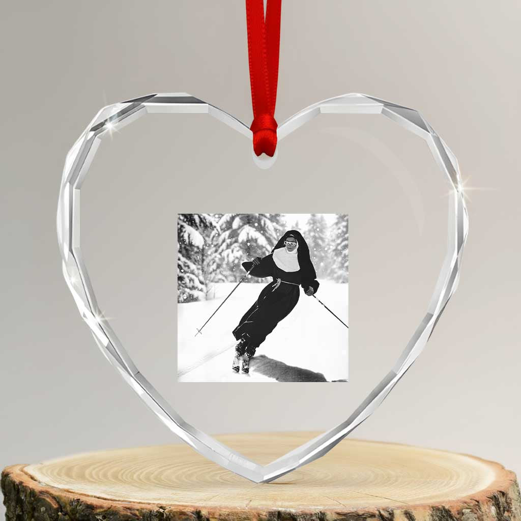 Funny Skiing Nun Graphics Photo Skier Winter Sport Heart Crystal Glass Ornament TS11 Transparent Glass 3'' Heart Print Your Wear