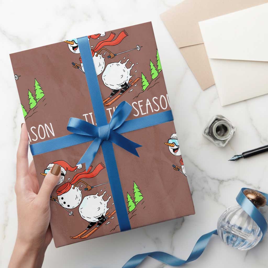 Funny Skiing Snowman Wrapping Paper Roll Funny Tis The Season Snow Ski Lover Skier TS10 Mocha Print Your Wear