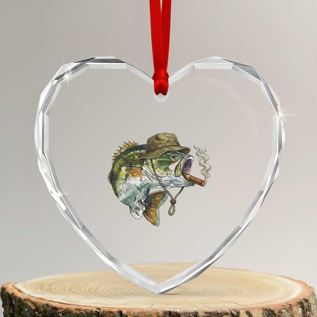 Funny Smoking Bass Fish Heart Crystal Glass Ornament Bass Fishing Lover Graphic TS12 Transparent Glass 3'' Heart Print Your Wear