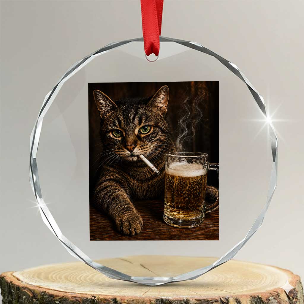 Funny Smoking Cat Crystal Glass Ornament Cigarette Kitty Beer Lover TS12 Transparent Glass 3'' Circle Print Your Wear