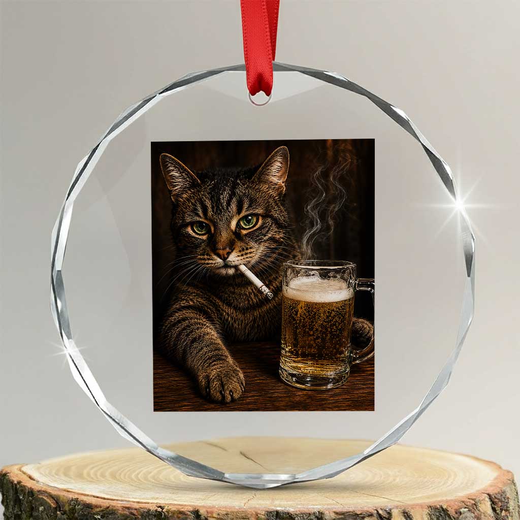 Funny Smoking Cat Crystal Glass Ornament Cigarette Kitty Beer Lover TS12 Transparent Glass 3'' Circle Print Your Wear