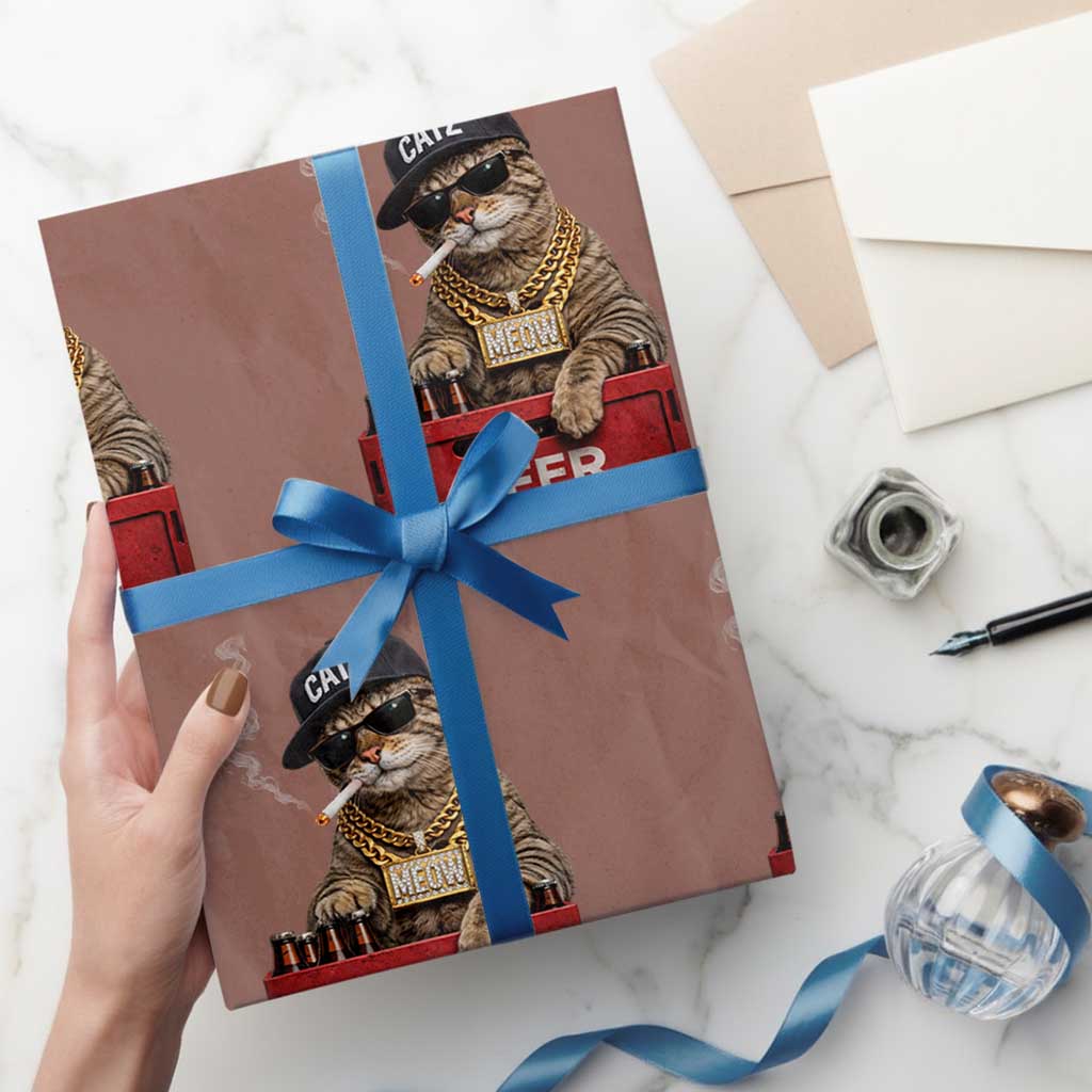 Funny Smoking Cat Meme Wrapping Paper Roll Vintage Graphic Cigarette Kitty Beer Cat Lover TS10 Mocha Print Your Wear