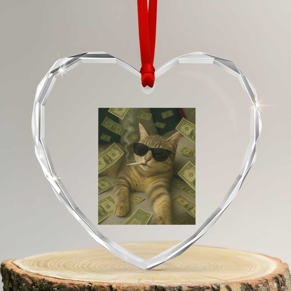 Funny Smoking Cat Selfie Meme Heart Crystal Glass Ornament Gen Z Joke TS14 Transparent Glass 3'' Heart Print Your Wear