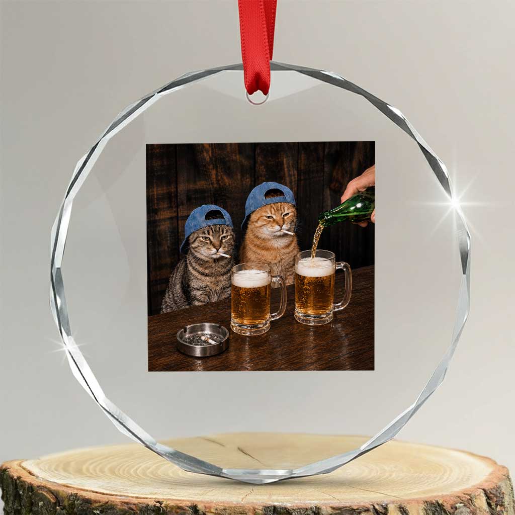Funny Smoking Cats Drinking Beer at the Bar Crystal Glass Ornament Funny Bad Boys Cigarette Kitty Gen Z Meme TS10 Transparent Glass 3'' Circle Print Your Wear