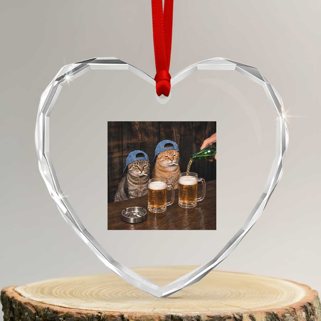 Funny Smoking Cats Drinking Beer at the Bar Heart Crystal Glass Ornament Funny Bad Boys Cigarette Kitty Gen Z Meme TS10 Transparent Glass 3'' Heart Print Your Wear