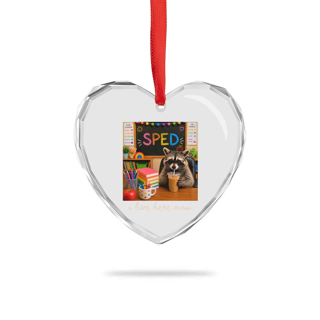 Funny SPED Raccoon Teacher Heart Crystal Glass Ornament I Live Here Now