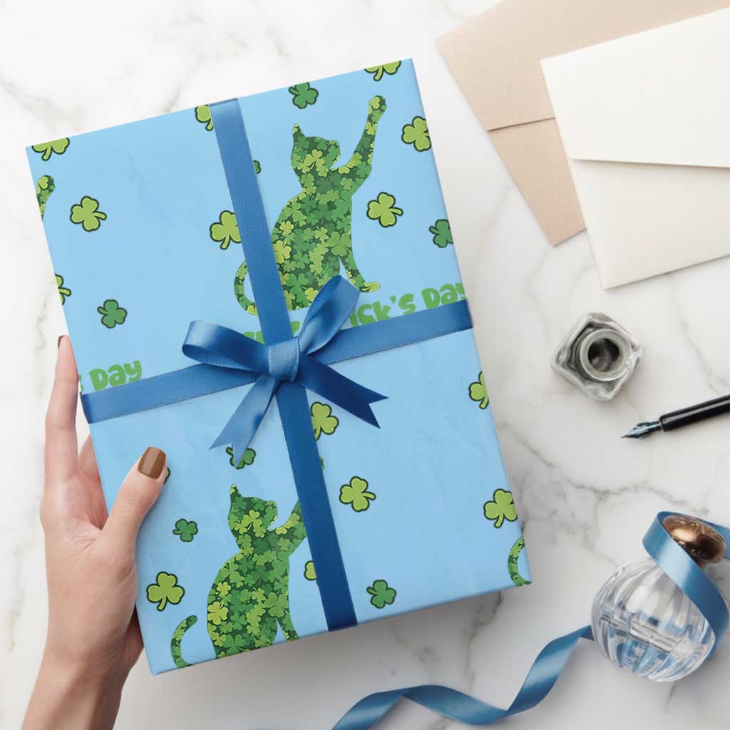 Funny St Catricks Day Wrapping Paper Roll Lucky Shamrock Cat Saint Pattys TS12 Light Blue Print Your Wear