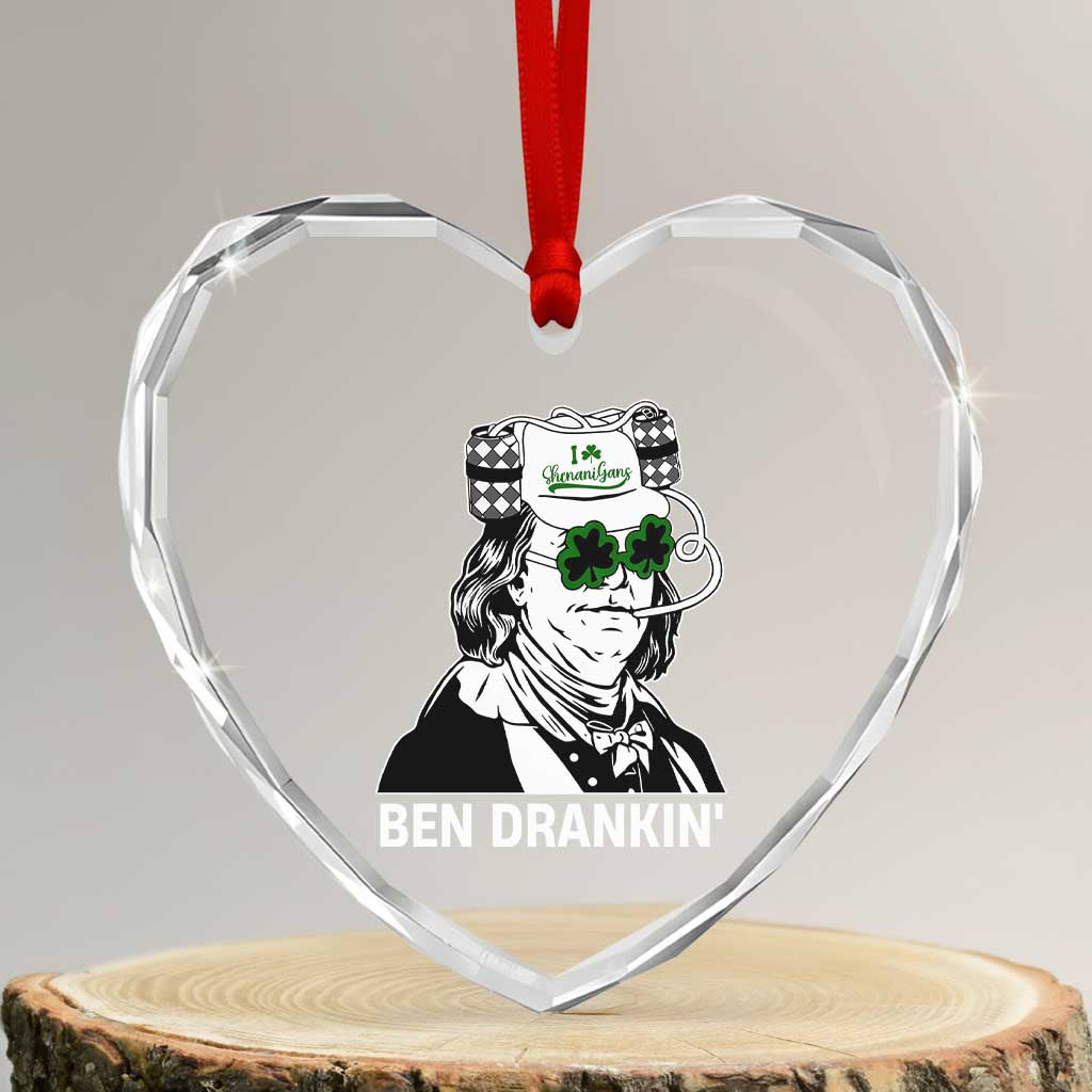 Funny St Patrick's Day Ben Dranking Heart Crystal Glass Ornament Benjamin Franklin Retro Saint Paddy's Day TS02 Transparent Glass 3'' Heart Print Your Wear