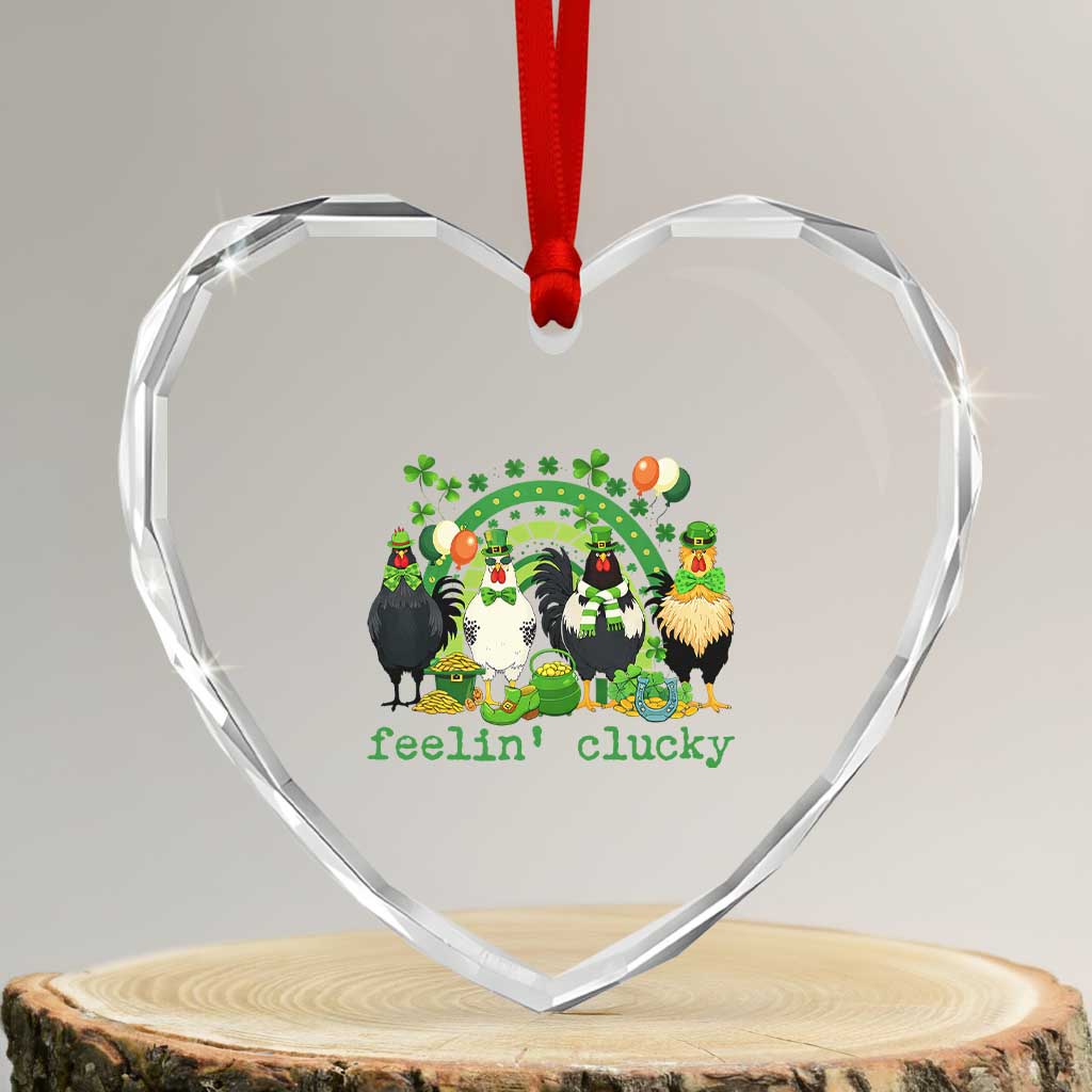 Funny St Patricks Day Chicken Shamrock Heart Crystal Glass Ornament Feelin Clucky Hen Lucky Clover Pun Irish Humor TS02 Transparent Glass 3'' Heart Print Your Wear