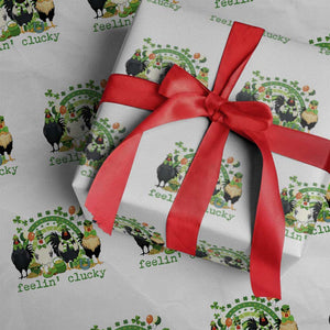 Funny St Patricks Day Chicken Shamrock Wrapping Paper Roll Feelin Clucky Hen Lucky Clover Pun Irish Humor TS02 White Print Your Wear