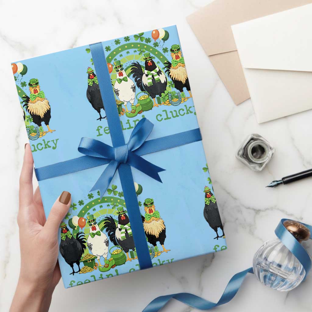 Funny St Patricks Day Chicken Shamrock Wrapping Paper Roll Feelin Clucky Hen Lucky Clover Pun Irish Humor TS02 Light Blue Print Your Wear