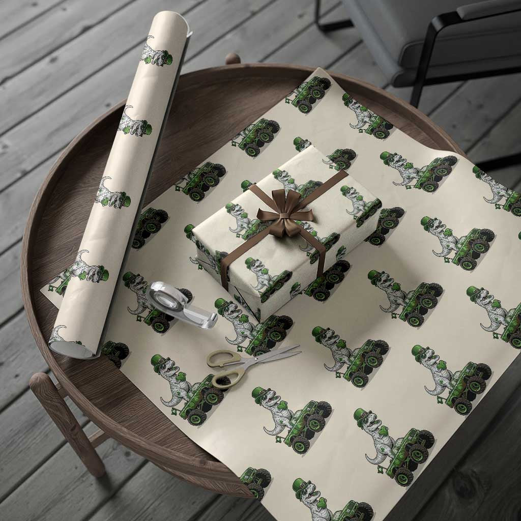 Funny St Patricks Day Dinosaur Truck Wrapping Paper Roll Lucky Dino Gift TS12 Beige Print Your Wear