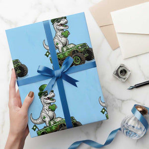 Funny St Patricks Day Dinosaur Truck Wrapping Paper Roll Lucky Dino Gift TS12 Light Blue Print Your Wear