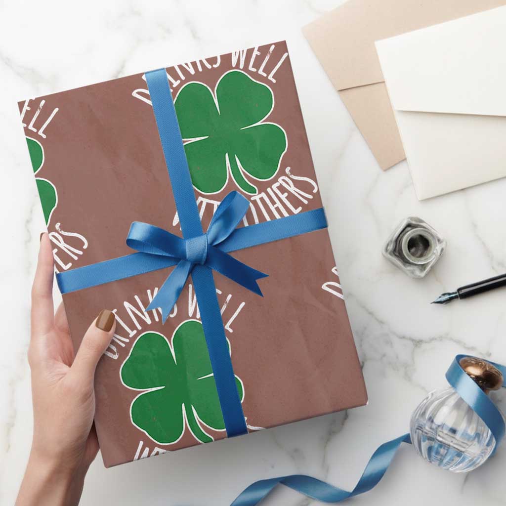 Funny St Patricks Day Drinking Wrapping Paper Roll Drinks Well With Others Drunk Beer Lucky Shamrock TS02 Mocha Print Your Wear