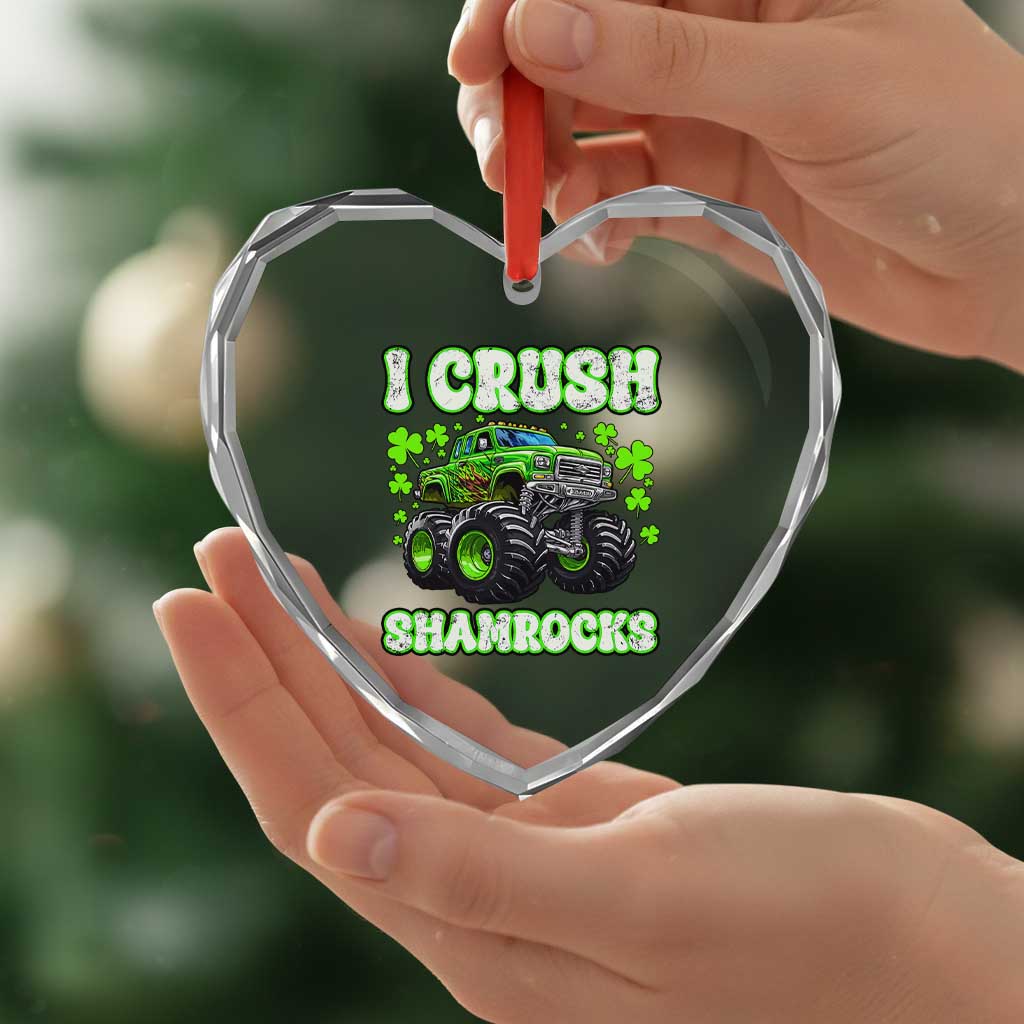 Funny St Patricks Day Monster Truck Heart Crystal Glass Ornament I Crush Shamrocks Retro TS02 Print Your Wear