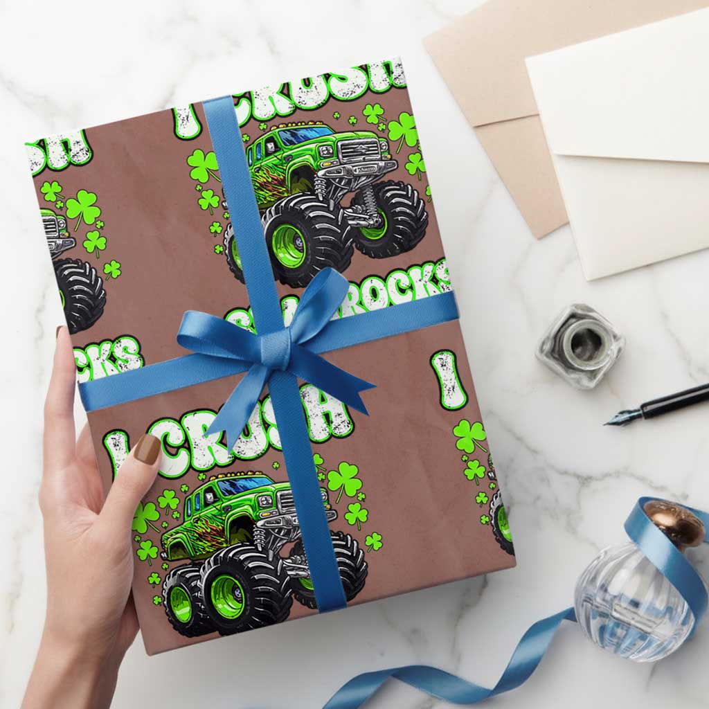 Funny St Patricks Day Monster Truck Wrapping Paper Roll I Crush Shamrocks Retro TS02 Mocha Print Your Wear