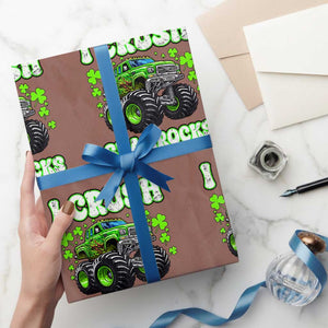 Funny St Patricks Day Monster Truck Wrapping Paper Roll I Crush Shamrocks Retro TS02 Mocha Print Your Wear