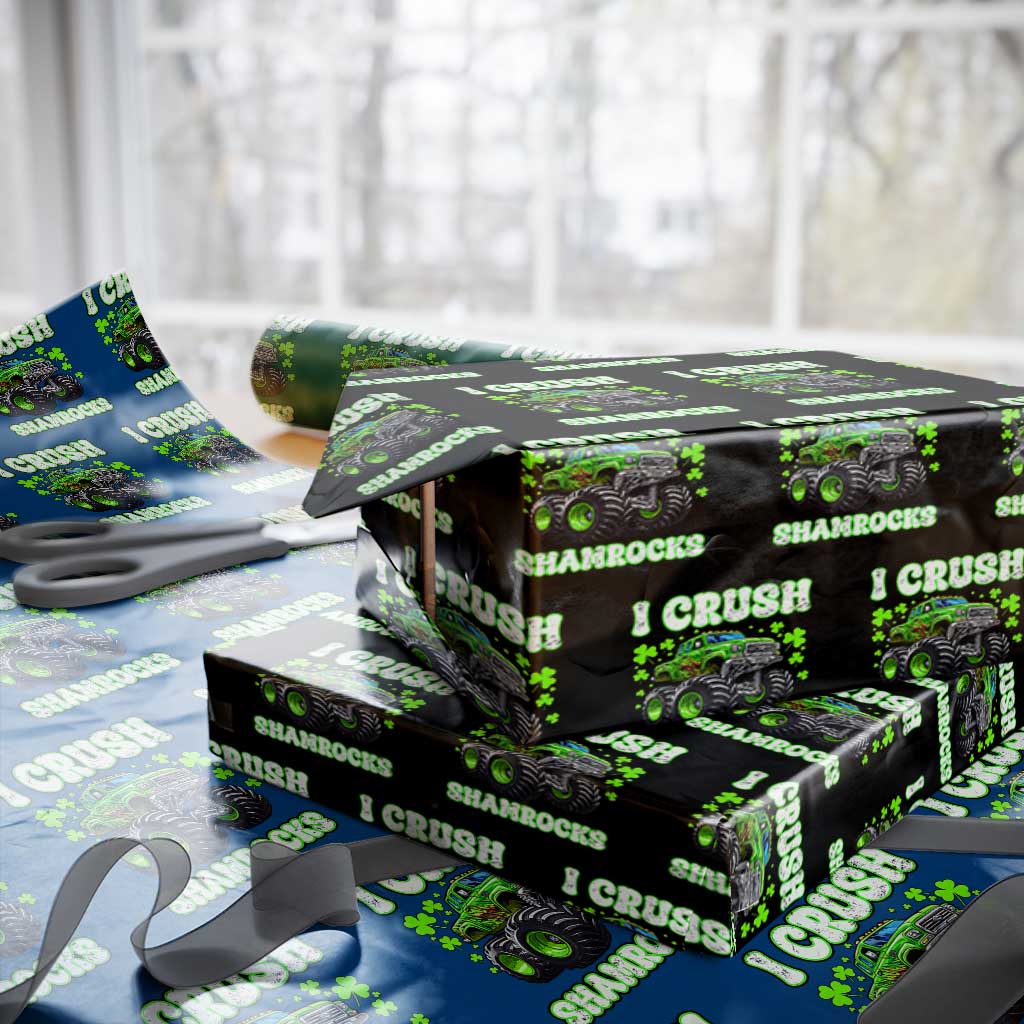 Funny St Patricks Day Monster Truck Wrapping Paper Roll I Crush Shamrocks Retro TS02 Black Print Your Wear
