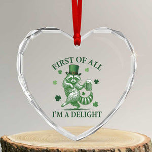 Funny St Patricks Day Raccoon Heart Crystal Glass Ornament First Of All I Am A Delight Trash Panda Drinking Beer TS11 Transparent Glass 3'' Heart Print Your Wear