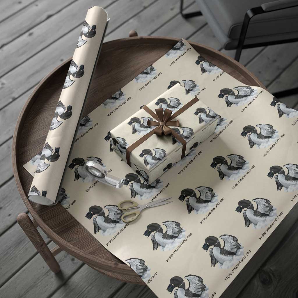 Funny Stupid Canadian Wolf Bird Wrapping Paper Roll Common Loon with Hockey Puck Bird Meme TS02 Beige Print Your Wear