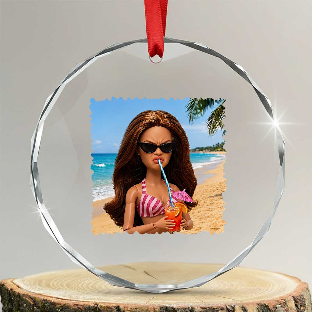 Funny Summer Doll Face Meme Crystal Glass Ornament Tropical Beach Party Graphic