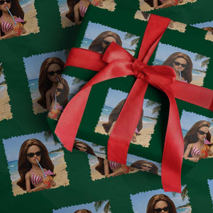 Funny Summer Doll Face Meme Wrapping Paper Roll Tropical Beach Party Graphic