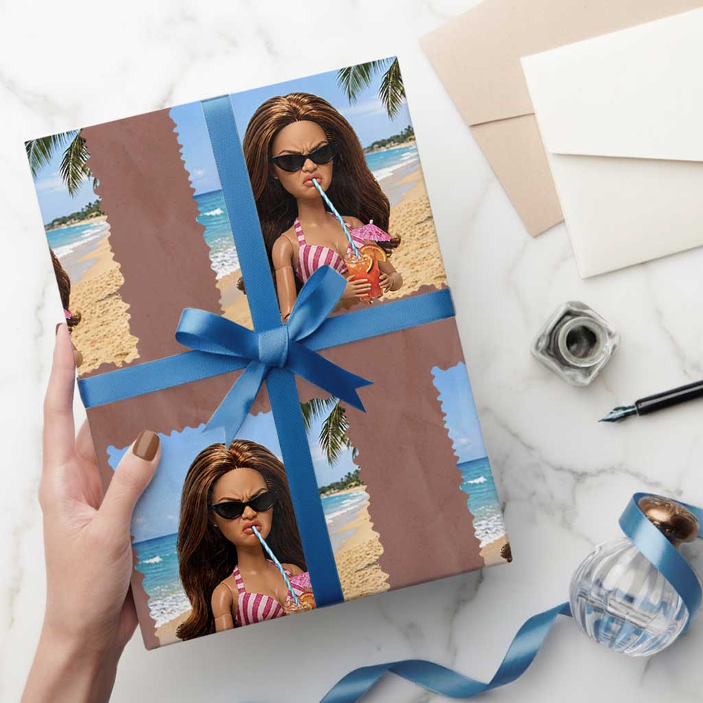 Funny Summer Doll Face Meme Wrapping Paper Roll Tropical Beach Party Graphic