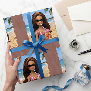 Funny Summer Doll Face Meme Wrapping Paper Roll Tropical Beach Party Graphic