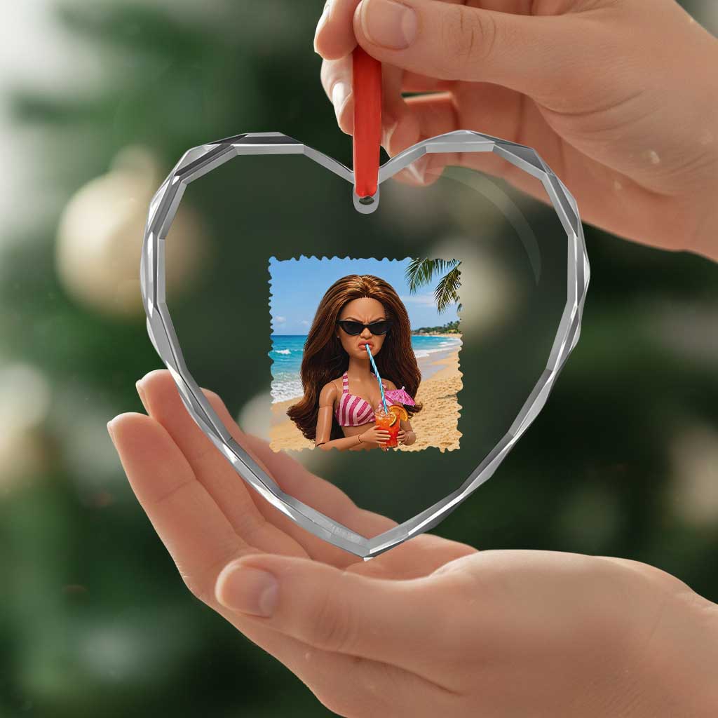 Funny Summer Doll Face Meme Heart Crystal Glass Ornament Tropical Beach Party Graphic
