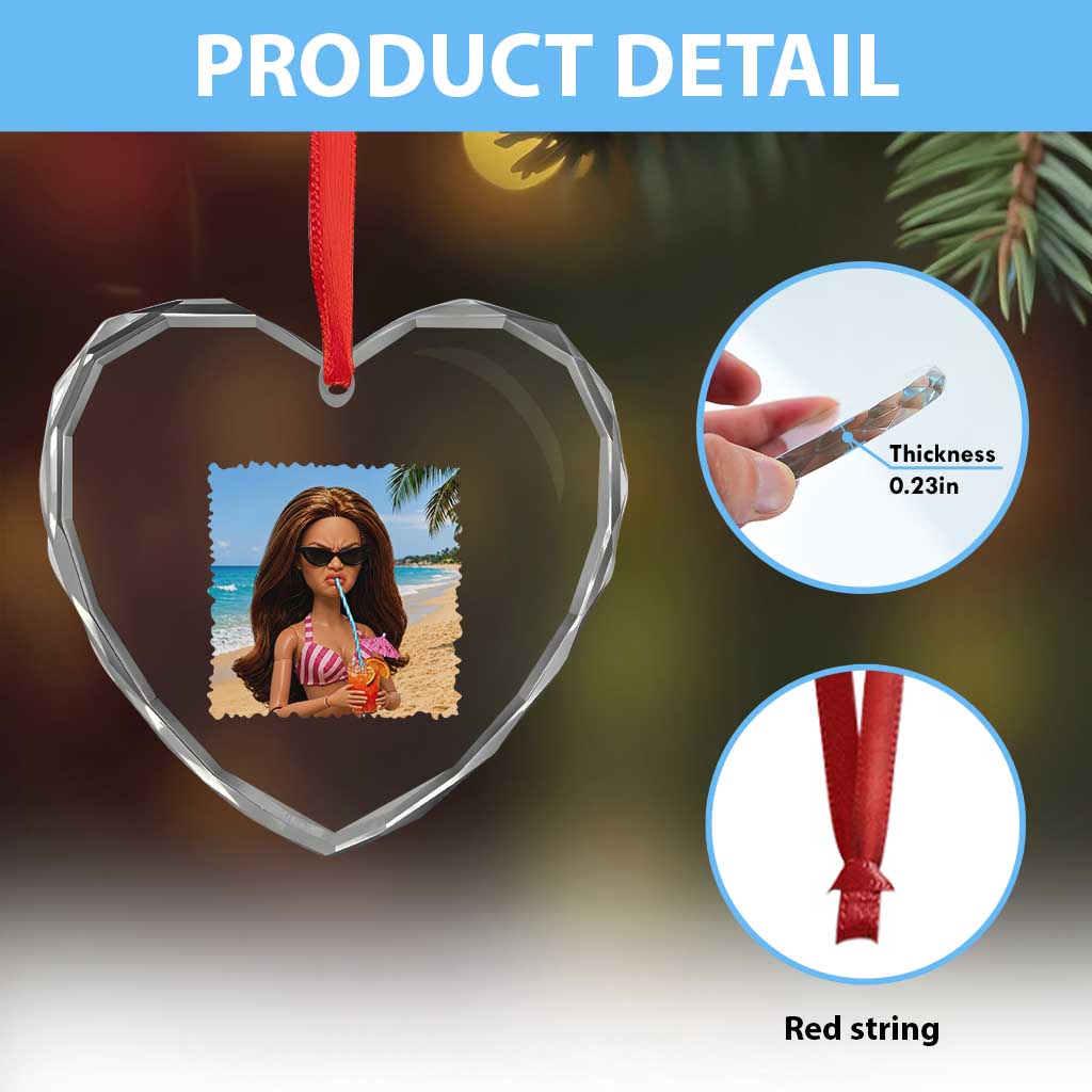 Funny Summer Doll Face Meme Heart Crystal Glass Ornament Tropical Beach Party Graphic