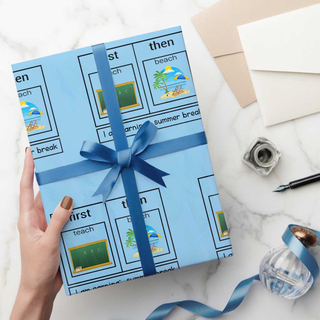 Funny Teacher Summer Break Wrapping Paper Roll First Teach Then Beach Vacation Mode TS02 Light Blue Print Your Wear