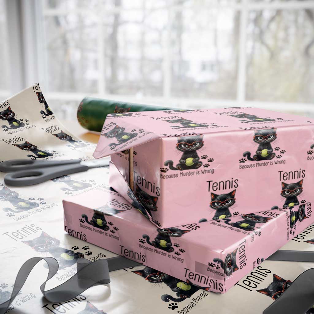 Funny Tennis Cat Gift Wrapping Paper Roll Because Murder Is Wrong TS12 Light Pink Print Your Wear