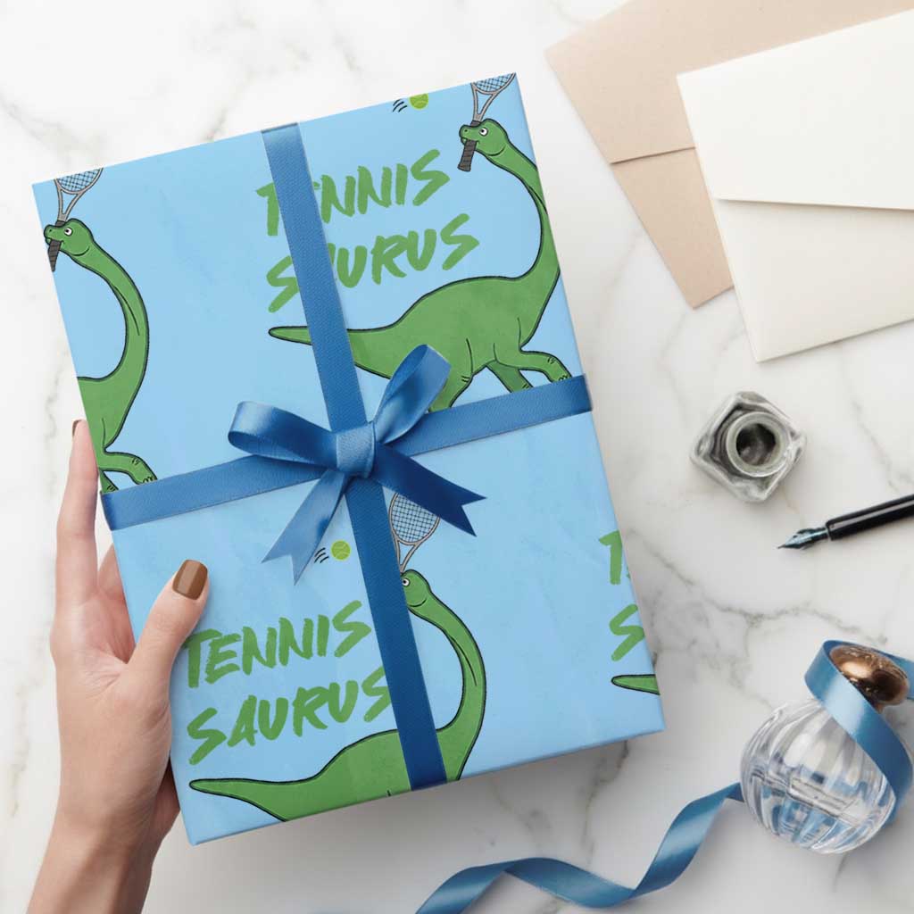 Funny Tennis Dinosaur Tennis Lover Wrapping Paper Roll Gift For Tennis Fans TS12 Light Blue Print Your Wear