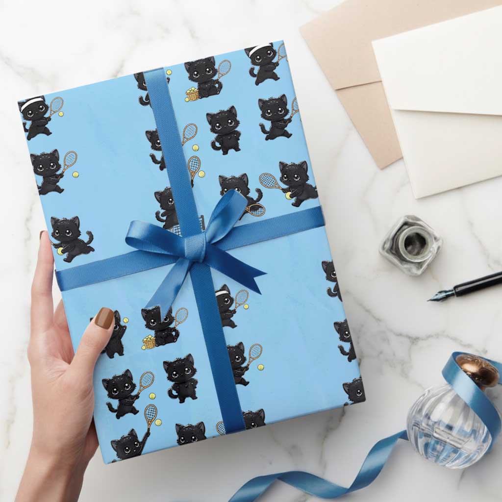 Funny Tennis Game Day Cat Wrapping Paper Roll Tennis Player Gift TS12 Light Blue Print Your Wear