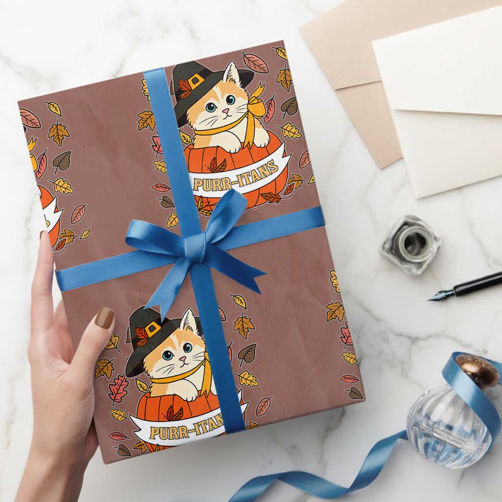 Funny Thanksgiving Cat Lover Wrapping Paper Roll Purritans Pilgrim Puritans Hat TS11 Mocha Print Your Wear