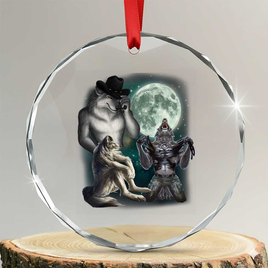 Funny Three Alpha Wolf Howling Moon Crystal Glass Ornament Weird Cringe Werewolf Meme TS11 Transparent Glass 3'' Circle Print Your Wear