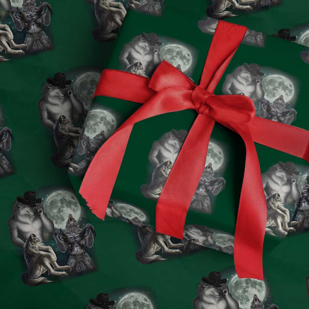 Funny Three Alpha Wolf Howling Moon Wrapping Paper Roll Weird Cringe Werewolf Meme TS11 Green Print Your Wear