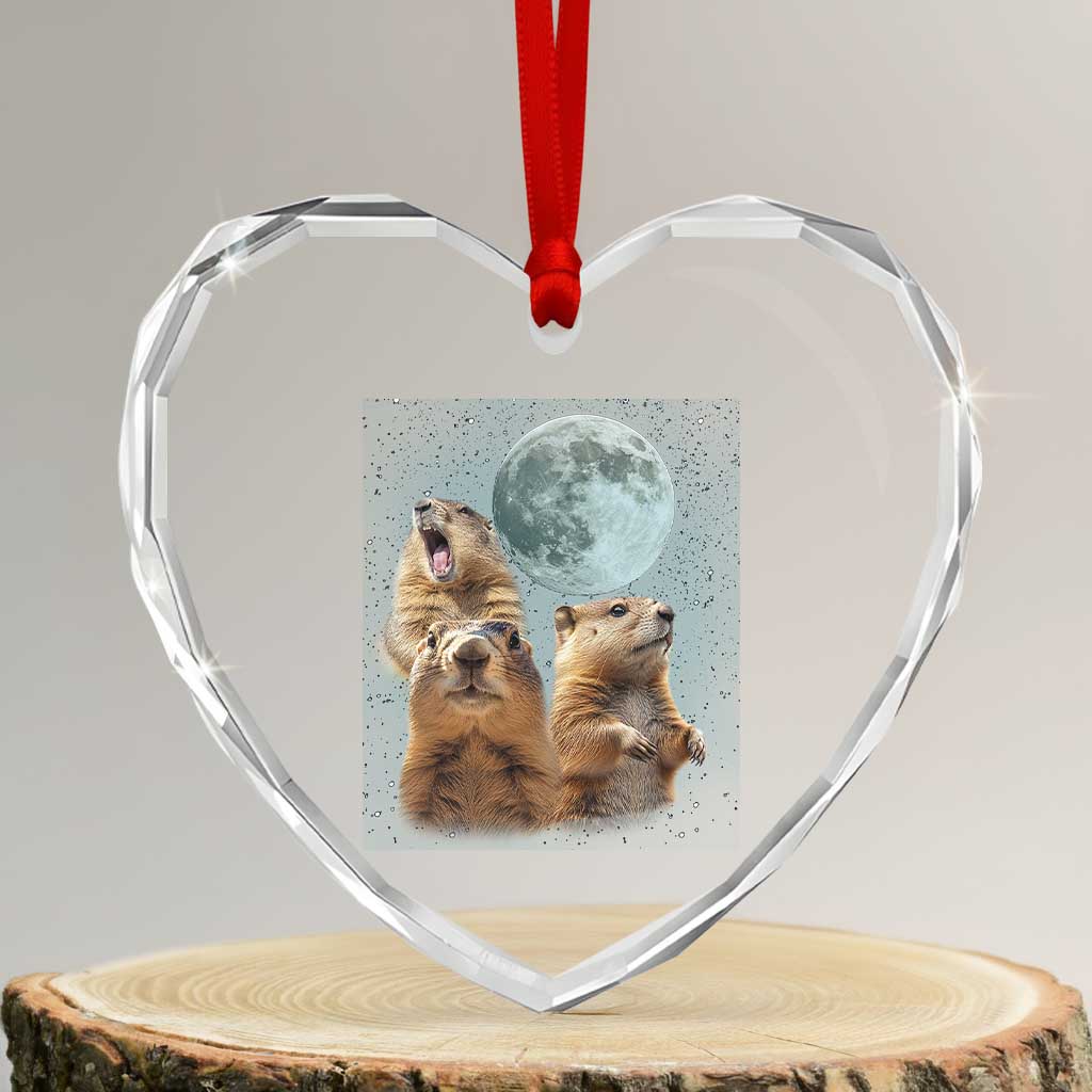 Funny Three Groundhog Meme Heart Crystal Glass Ornament Woodchucks Under The Moon TS02 Transparent Glass 3'' Heart Print Your Wear