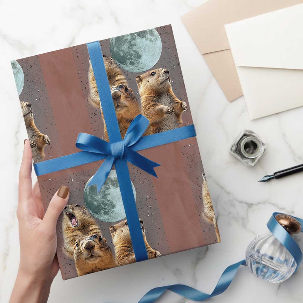 Funny Three Groundhog Meme Wrapping Paper Roll Woodchucks Under The Moon TS02 Mocha Print Your Wear