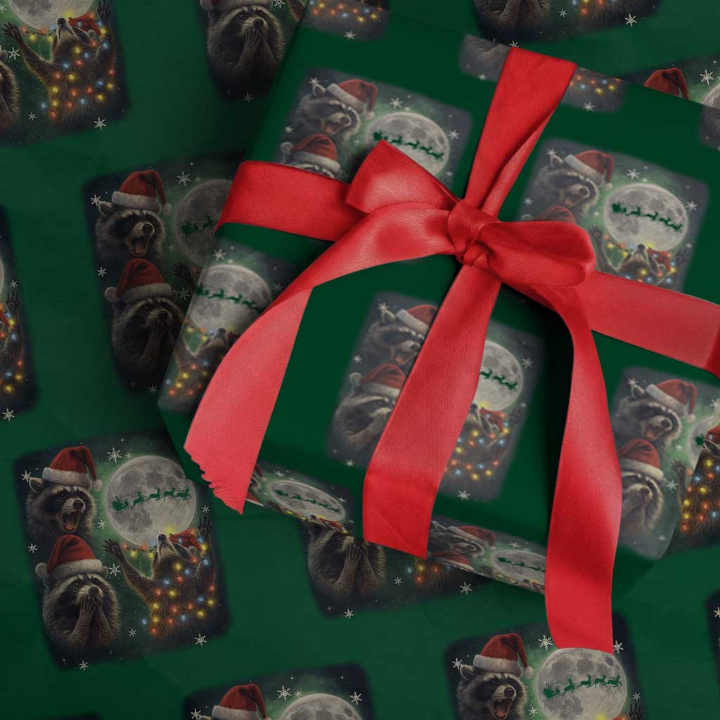Funny Three Raccoons With The Moon Christmas Wrapping Paper Roll Santa Sleigh TS11 Green Print Your Wear