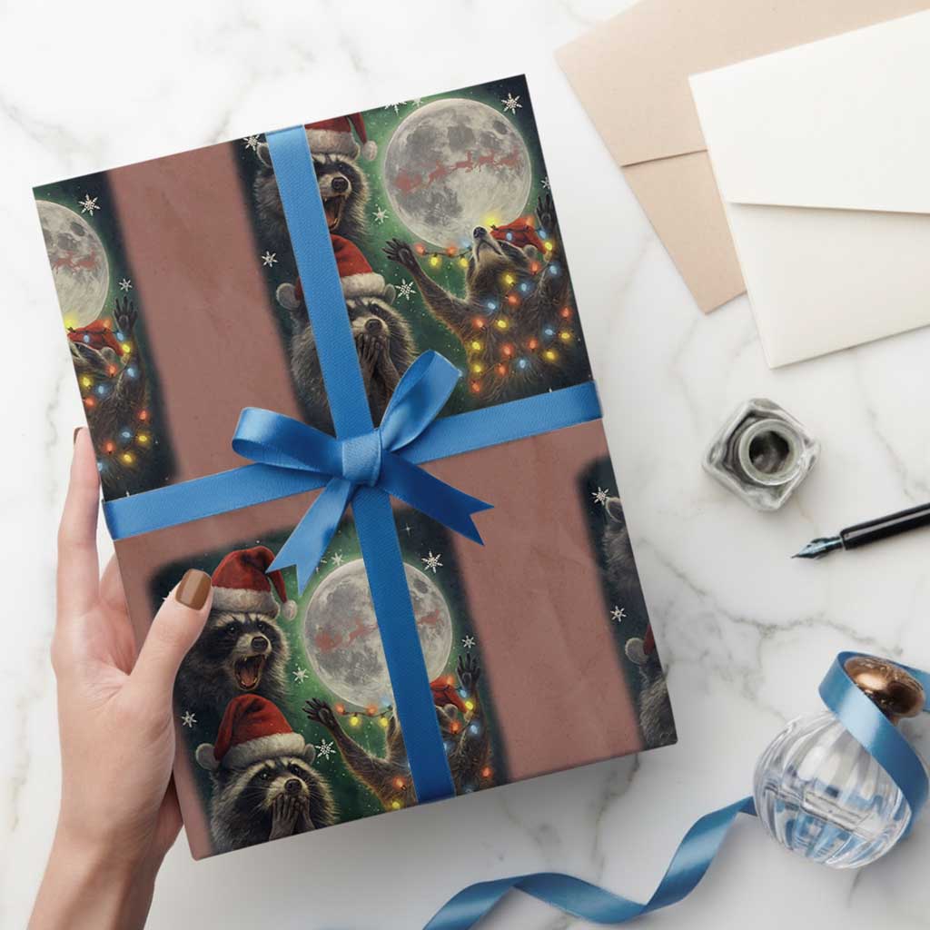 Funny Three Raccoons With The Moon Christmas Wrapping Paper Roll Santa Sleigh TS11 Mocha Print Your Wear