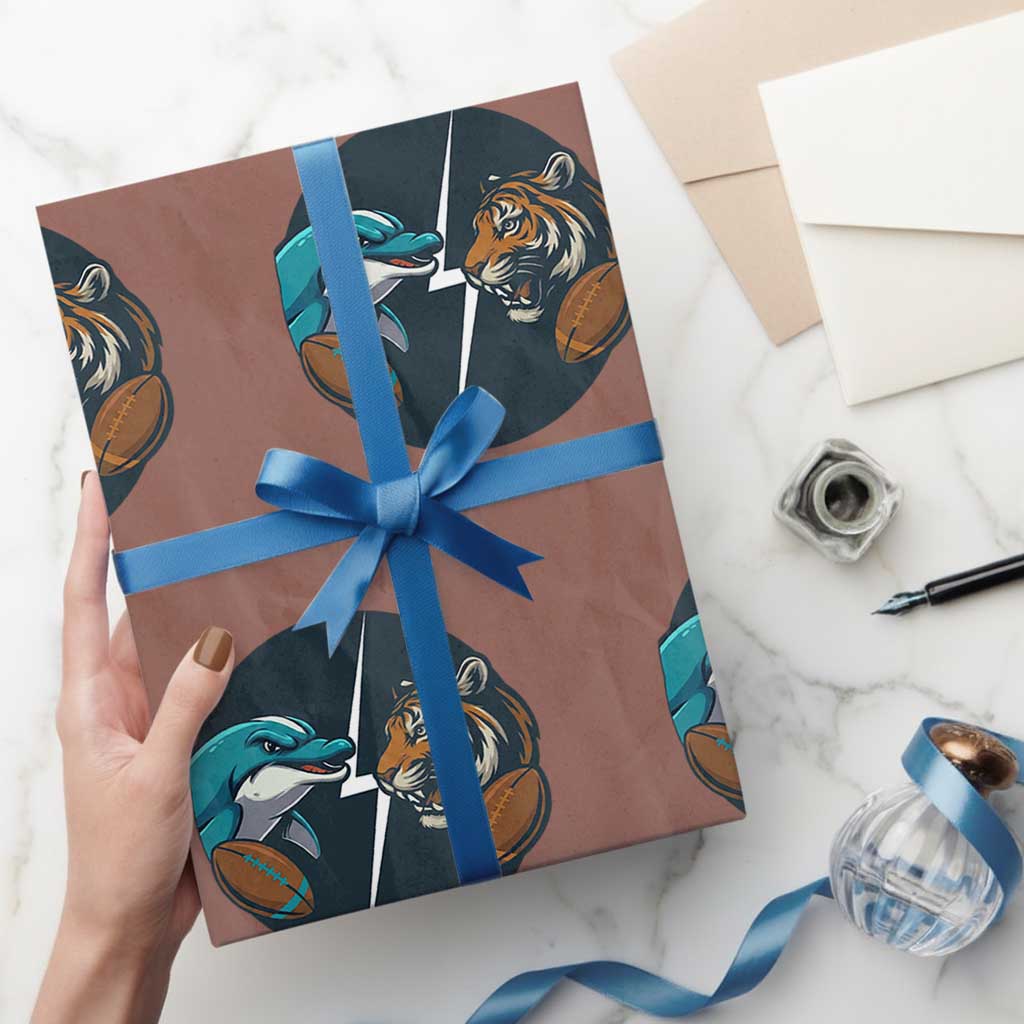 Funny Tiger Vs Dolphin Rivalry Wrapping Paper Roll Gift For FB Hardcore Fan TS12 Mocha Print Your Wear
