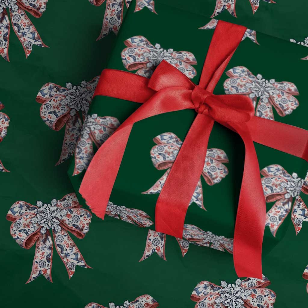 Funny Toile Folk Art Scandinavian Coquette Bow Christmas Wrapping Paper Roll TS11 Green Print Your Wear